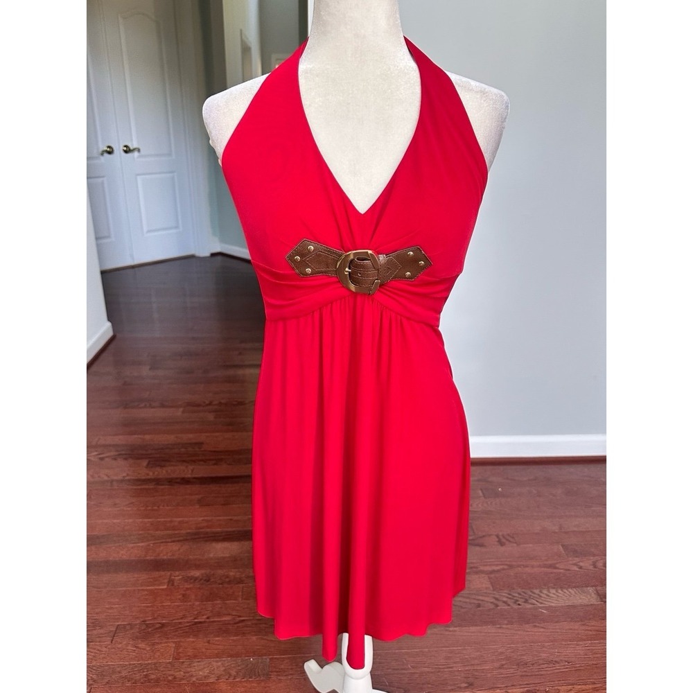 Vintage Cache Red Brown Silver Halter Neck Plunge Sexy Cocktail Dress Large - Picture 4 of 12